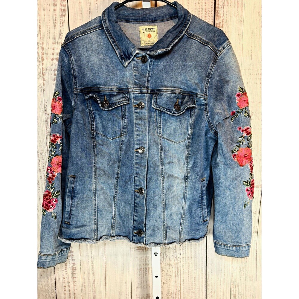 Ruff Hewn Women’s Blue Floral Embroidered Jean Jacket Button Front Pockets 1X